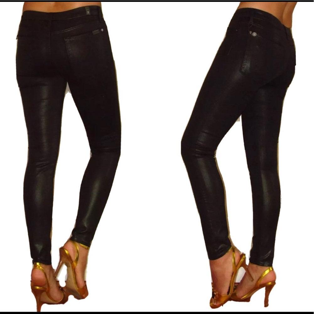 7 For All Mankind Skinny Low Rise Dark Green Coated Leather-look Jeans 24 25 new